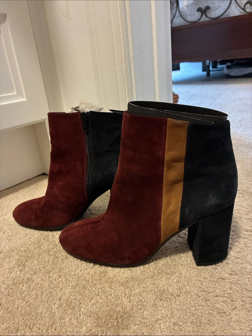 Paola Frani Burgundy, Black & Tan Suede Block Heel Ankle Boots